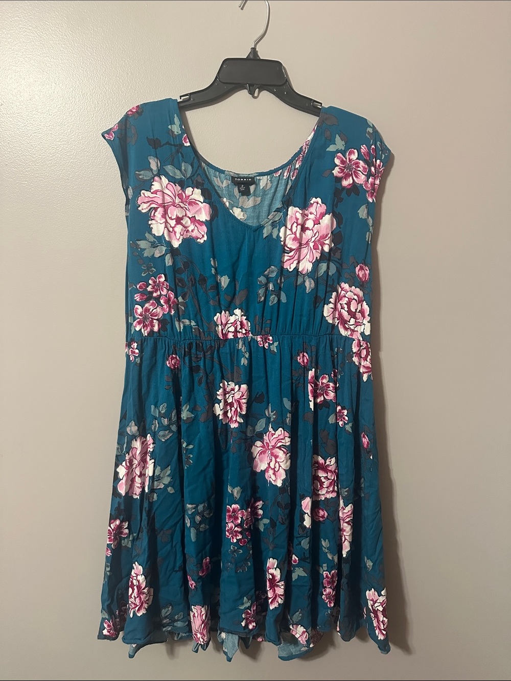 torrid Teal Floral Midi Dress with Pink Rose Print